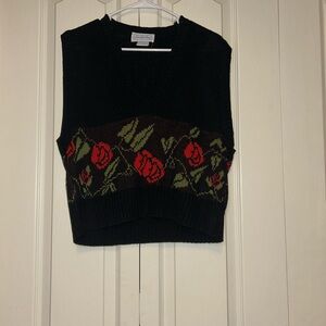 Vintage Leslie Fay Black Knit Vest with Red Floral Design
